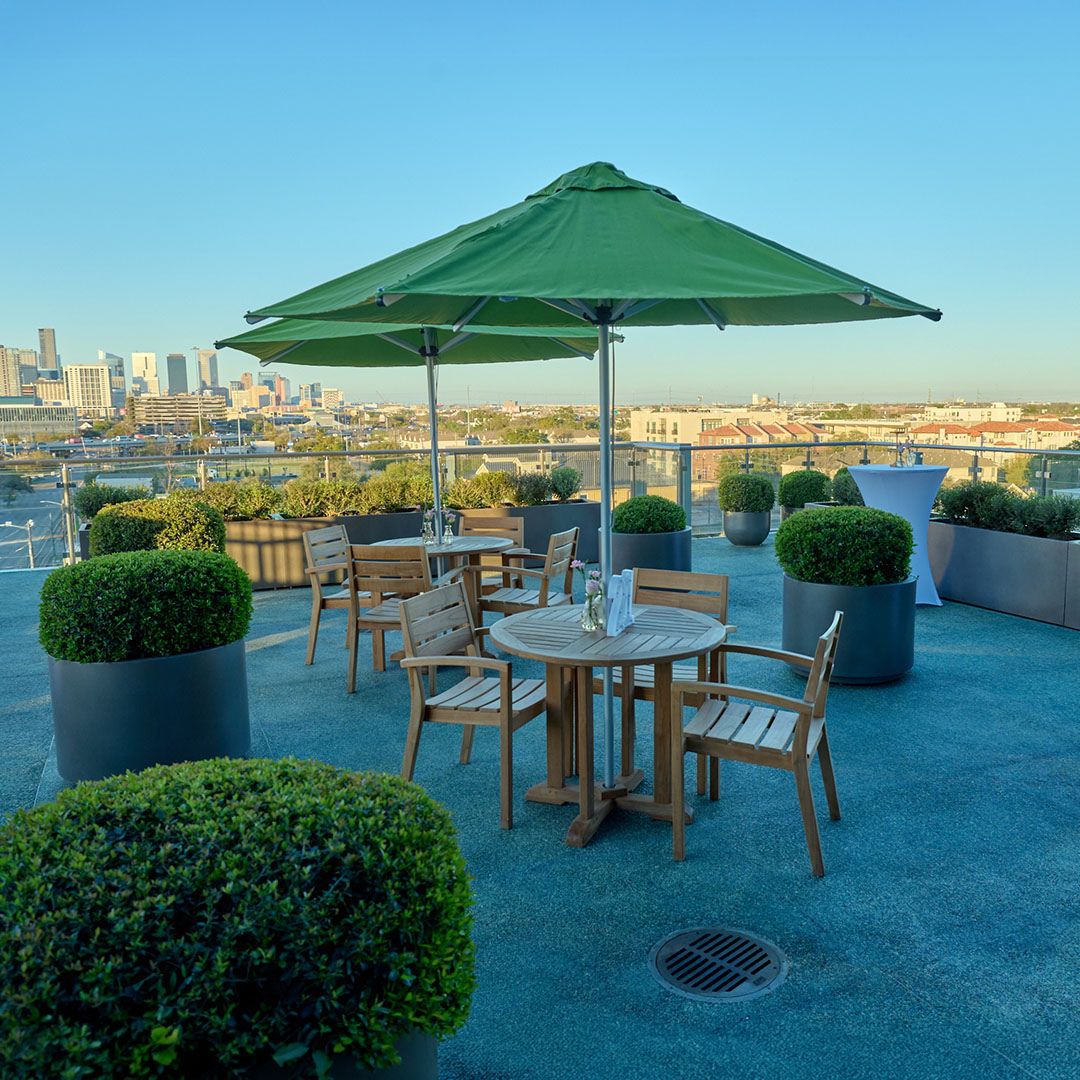 The sophisticated outdoor lounge area at Museo Houston, perfect for community milestones and private gatherings.