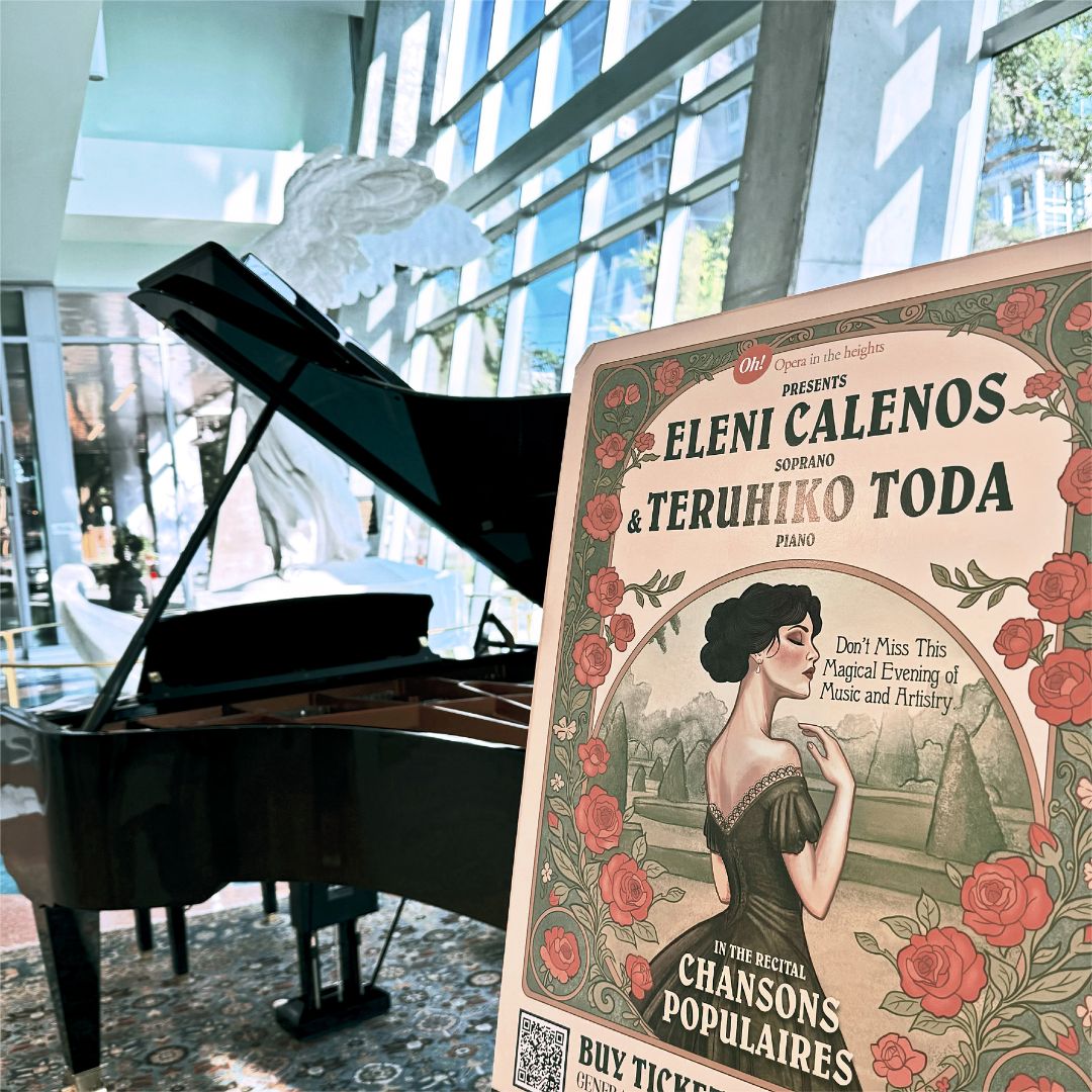 Close-up of a grand piano and a vintage-style concert poster for a Salon Concert at Museo Houston.