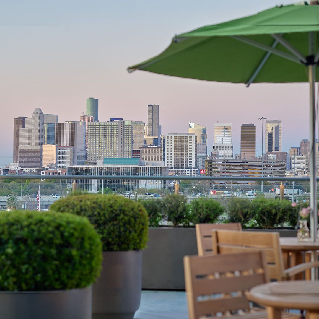 A picturesque view of Houston's skyscrapers framed by the elegant greenery of the Museo rooftop garden.