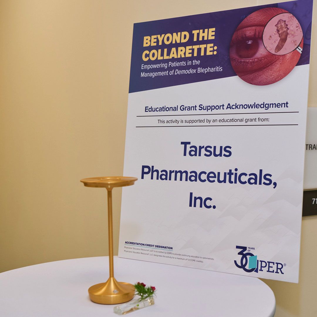 Educational support acknowledgement signage for Tarsus Pharmaceuticals at a Museo Houston event.